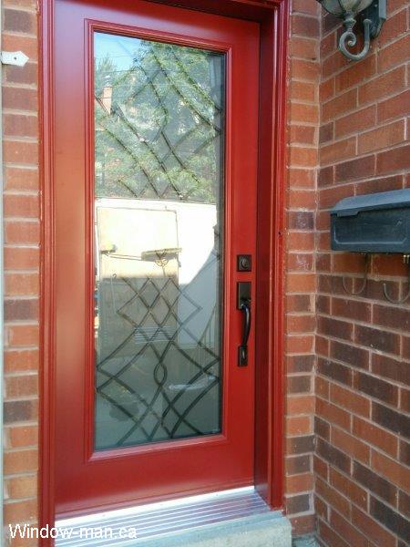 Red Door. Front door ideas. Insulated, steel. Modern aztek red. Contemporary Oak Ridge wrought iron glass inserts